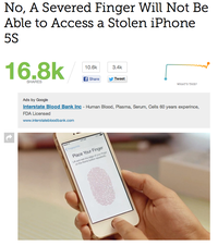No, A Severed Finger will not be able to access a stolen iPhone 5s