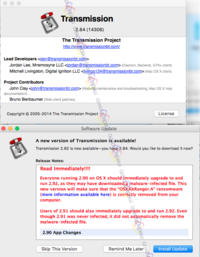 Transmission 2.90 with ransomware OSX.KeRanger.A